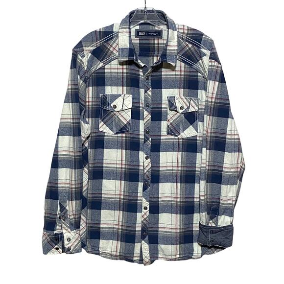 BKE Other - BKE Athletic Fit Blue Plaid Flannel Snap Button Shirt Western Pockets Mens XL